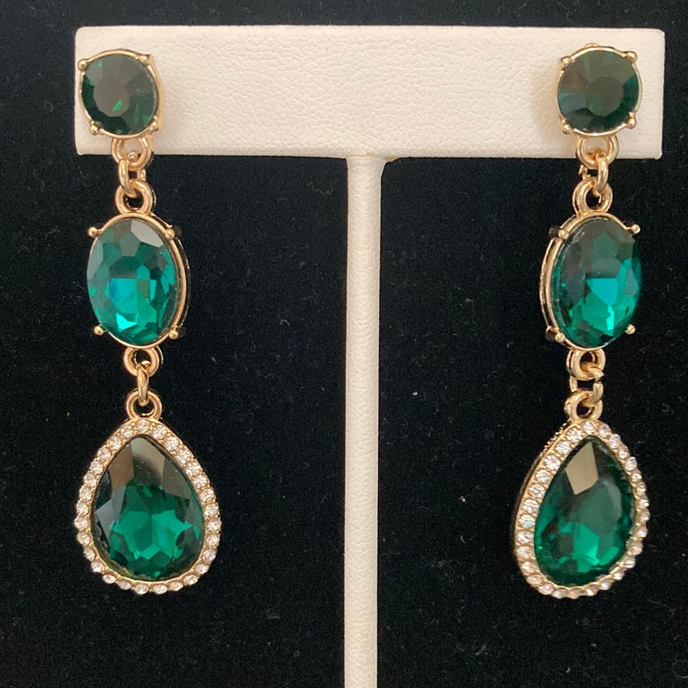 3-Tier Dark Green Rhinestone Earrings